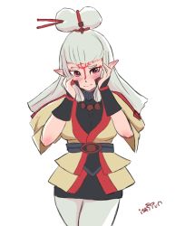 Rule 34 | 1girl, blush, breasts, fingerless gloves, gloves, hair ornament, hands on own face, jewelry, large breasts, long hair, looking at viewer, necklace, nintendo, pants, pantyhose, paya (zelda), pointy ears, red eyes, solo, standing, the legend of zelda, the legend of zelda: breath of the wild, turtleneck, white hair, white pantyhose