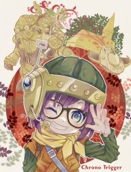 Rule 34 | 1boy, 1girl, blue eyes, chrono trigger, closed mouth, copyright name, glasses, helmet, highres, looking at viewer, lucca ashtear, one eye closed, plant, potted plant, purple hair, robo (chrono trigger), robot, scarf, short hair, smile, y kitsuno