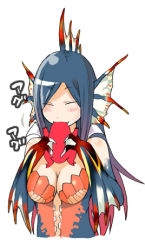 Rule 34 | 1girl, ^ ^, bare shoulders, blue hair, blue skin, blush, breasts, capcom, center opening, claws, cleavage, closed eyes, colored skin, eating, facial mark, fins, fish girl, frog, gradient hair, happy, head fins, holding, large breasts, long hair, lowres, monster girl, monster hunter (series), multicolored hair, nanashin, parted bangs, personification, plesioth, purple hair, red hair, sidelocks, simple background, smile, solo, upper body
