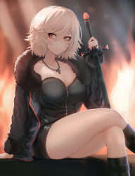Rule 34 | 1girl, black dress, black footwear, black jacket, boots, breasts, cleavage, collarbone, commentary, crossed legs, dress, ehrrr, english commentary, fate/grand order, fate (series), feet out of frame, fire, fur trim, hair between eyes, hand up, highres, holding, holding sword, holding weapon, jacket, jeanne d&#039;arc (fate), jeanne d&#039;arc alter (fate), jeanne d&#039;arc alter (ver. shinjuku 1999) (fate), jewelry, large breasts, long sleeves, looking at viewer, necklace, official alternate costume, parted lips, short dress, short hair, silver hair, sitting, smile, solo, sword, thighs, weapon, wicked dragon witch ver. shinjuku 1999, yellow eyes