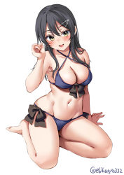 Rule 34 | 1girl, bare shoulders, barefoot, bikini, black hair, blonde hair, blush, breasts, collarbone, ebifurya, groin, hair between eyes, hair ornament, halterneck, hands up, highres, kantai collection, long hair, looking at viewer, navel, one-hour drawing challenge, open mouth, oyashio (kancolle), side-tie bikini bottom, simple background, skindentation, smile, solo, string bikini, swimsuit, thighs, twitter username, white background, yellow eyes