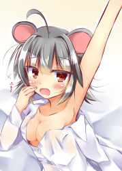 Rule 34 | 1girl, absurdres, ahoge, animal ears, arm up, armpits, blush, breasts, cleavage, grey hair, highres, kuzumomo, looking at viewer, mouse ears, naked shirt, nazrin, open mouth, red eyes, shirt, solo, tears, touhou, yawning