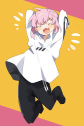 Rule 34 | 1boy, absurdres, ahoge, big smile, black pantyhose, black stripes, closed eyes, commentary request, dot nose, excited, fang, full body, happy, heterochromia, highres, hood, hoodie, jumping, long sleeves, male focus, open mouth, original, pantyhose, pink background, pink hair, raito-kun (uenomigi), short hair, short hair with long locks, short ponytail, sidelocks, simple background, solo, tagme, uenomigi, white hoodie, white pantyhose, white stripes, yellow background