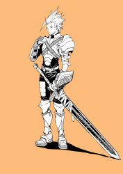 Rule 34 | 1boy, armor, bandaged arm, bandages, closed mouth, closed eyes, gloves, greaves, greyscale with colored background, hair slicked back, hare (yamihuji), hatching (texture), highres, holding, holding sword, holding weapon, male focus, monochrome, orange background, original, pauldrons, reverse grip, scar, scar across eye, scar on face, shield, shoulder armor, simple background, solo, spiked hair, standing, sword, vambraces, weapon