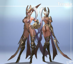 Rule 34 | 1girl, armor, armored boots, ass, boots, breasts, cleavage, closed mouth, dark-skinned female, dark elf, dark skin, elf, full body, garter straps, gauntlets, hand on own hip, helmet, high heel boots, high heels, highleg, highres, holding, holding sword, holding weapon, large breasts, long hair, looking at viewer, multiple views, navel, original, pauldrons, pointy ears, shield, shoulder armor, silver hair, single pauldron, smile, smjim1986, standing, stomach, sword, tattoo, thigh boots, thighhighs, very long hair, weapon, yellow eyes
