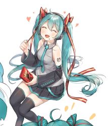 Rule 34 | 1girl, bare shoulders, blue eyes, blush, cone hair bun, detached sleeves, eating, closed eyes, food, food on face, hair between eyes, hair bun, hatsune miku, headphones, heart, highres, long hair, necktie, open mouth, puckjjick (belbesi19), ribbon, simple background, sitting, skirt, solo, tattoo, thighhighs, tongue, twintails, vocaloid, white background
