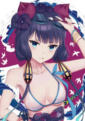 Rule 34 | 1girl, absurdres, arm up, bangle, bare arms, bare shoulders, bikini, black hair, blue eyes, bracelet, breasts, calligraphy brush, collarbone, commentary request, fate/grand order, fate (series), fingernails, floral print, goggles, goggles on head, hair ornament, highres, holding, holding paintbrush, jewelry, kara (color1087), katana, katsushika hokusai (fate), katsushika hokusai (swimsuit saber) (fate), long hair, looking at viewer, low twintails, medium breasts, paintbrush, see-through, sheath, sheathed, solo, swimsuit, sword, twintails, upper body, very long hair, waves, weapon, wet, wet clothes, wet swimsuit, white background, white bikini