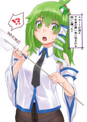 Rule 34 | !?, 1girl, ahoge, antenna hair, armpits, black necktie, breasts, brown pantyhose, collared shirt, commentary request, cowboy shot, crossed bangs, dated, detached sleeves, frog hair ornament, gohei, green eyes, green hair, hair between eyes, hair ornament, holding, japanese clothes, kei jiei, kochiya sanae, large breasts, long hair, long sleeves, looking at viewer, necktie, nontraditional miko, open mouth, panties, panties under pantyhose, pantyhose, shirt, simple background, single hair tube, sleeveless, sleeveless shirt, snake hair ornament, solo, sweatdrop, teeth, touhou, translation request, underwear, upper teeth only, white background, white panties, white shirt, white sleeves
