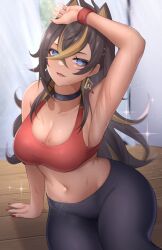 Rule 34 | 1girl, :d, absurdres, arm up, armpits, black choker, black hair, black pants, blue eyes, breasts, brown hair, choker, cleavage, commentary request, crop top, dark-skinned female, dark skin, dehya (genshin impact), genshin impact, hair between eyes, highres, kirima (user danf8787), large breasts, leggings, long hair, looking at viewer, midriff, multicolored hair, nail polish, navel, open mouth, pants, pointy hair, red nails, smile, solo, sports bra, stomach, streaked hair, sweat, very long hair