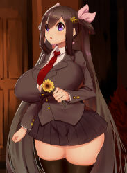 Rule 34 | 1girl, ariane cevaille, bikini, black hair, black thighhighs, blazer, blush, borrowed character, breasts, brown hair, bursting breasts, cleavage, curvy, hair between eyes, hair ornament, hair ribbon, hairpin, huge breasts, impossible clothes, jacket, jewelry, long hair, magister, micro bikini, necktie, open mouth, original, pleated skirt, plump, purple eyes, ribbon, school uniform, skindentation, skirt, solo, standing, swimsuit, thick thighs, thighhighs, thighs, twintails, unaligned breasts, very long hair, wide hips