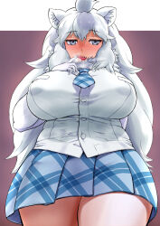 Rule 34 | 1girl, alternate breast size, animal ears, arm behind back, aroused, blue eyes, breast pocket, breasts, breath, buttons, covered erect nipples, cowboy shot, fang, from below, fur collar, hand on own chest, hand up, highres, huge breasts, impossible clothes, impossible shirt, kemono friends, lion ears, long hair, looking at viewer, miniskirt, necktie, open mouth, plaid, plaid necktie, plaid skirt, pleated skirt, pocket, rayraw, shirt, skirt, solo, sweat, tongue, tongue out, very long hair, white hair, white lion (kemono friends), white shirt