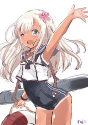 Rule 34 | 1girl, black neckerchief, black one-piece swimsuit, blonde hair, blue eyes, commentary request, cowboy shot, crop top, flower, fuji (pixiv24804665), grey sailor collar, hair flower, hair ornament, highres, kantai collection, lifebuoy, long hair, neckerchief, one-piece swimsuit, one-piece tan, ro-500 (kancolle), sailor collar, shirt, simple background, sleeveless, sleeveless shirt, smile, solo, swim ring, swimsuit, swimsuit under clothes, tan, tanline, torpedo, waving, white background