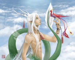 Rule 34 | 1boy, antlers, bird, cloud, dragon, green eyes, horns, male focus, monster, outdoors, silver hair, sky, solo, tail