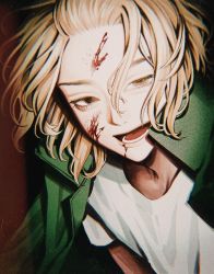 Rule 34 | blonde hair, blood, blood on face, close-up, eigoni, highres, jacket, jacket on shoulders, long eyelashes, looking at viewer, male focus, messy hair, sano manjirou, shirt, smile, solo, t-shirt, tokyo revengers, topknot, white shirt