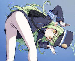 Rule 34 | 1girl, armband, ass, bent over, blue archive, blue armband, blue background, blush, clothes lift, commentary request, gloves, green hair, halo, hat, hikari (blue archive), highres, jacket, long hair, looking at viewer, paid reward available, pantyhose, peaked cap, poikuru, pointy ears, sidelocks, simple background, skirt, skirt lift, solo, train conductor, white gloves, white pantyhose, yellow eyes