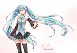 Rule 34 | 1girl, 2017, :d, ^ ^, anniversary, aqua hair, aqua necktie, black thighhighs, character name, closed eyes, dated, detached sleeves, hatsune miku, headset, highres, long hair, necktie, open mouth, petals, pleated skirt, skirt, smile, solo, standing, thighhighs, twintails, umetofu, very long hair, vocaloid, zettai ryouiki