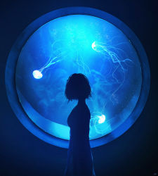 Rule 34 | 1girl, absurdres, blue theme, breasts, commentary request, dark, dress, facing away, from side, glowing, highres, jellyfish, looking at animal, medium breasts, messy hair, original, scenery, short hair, skyrick9413, solo, water