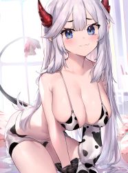 Rule 34 | 1girl, :3, absurdres, alternate costume, animal print, armpit crease, bare arms, bare shoulders, bell, bikini, blue eyes, breasts, cleavage, closed mouth, collarbone, cow print, cow tail, demon horns, detached sleeves, fang, highres, horns, indie virtual youtuber, large breasts, long hair, long sleeves, looking at viewer, micro shorts, navel, neonbeat, pointy ears, ribbon, shorts, sidelocks, silver hair, sitting, skindentation, smile, solo, stomach, string bikini, swimsuit, tail, tail bell, tail ornament, tail raised, tail ribbon, thighs, v arms, vei (vtuber), very long hair, virtual youtuber, white bikini, white shorts