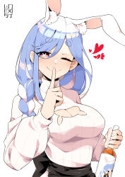 Rule 34 | 1girl, ;), absurdres, alcohol, animal ear fluff, animal ears, apron, artist logo, blue hair, blush, bottle, braid, breasts, carrot, cleavage, cleavage cutout, clothing cutout, commentary, drunk, english commentary, extra ears, eyelashes, finger to mouth, fingernails, hair over shoulder, heart, highres, holding, holding bottle, hololive, index finger raised, lips, long hair, looking at viewer, mature female, multicolored hair, one eye closed, pekomama, rabbit-shaped pupils, rabbit ears, rabbit girl, red eyes, ribbed sweater, side braid, simple background, smile, solo, sweater, swept bangs, symbol-shaped pupils, two-tone hair, unexistarts, usada pekora, virtual youtuber, white background, white sweater
