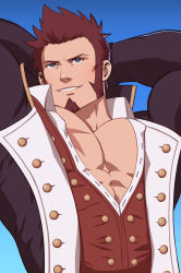 Rule 34 | 1boy, abs, arms at sides, arms behind head, arms up, bara, beard, blue background, blue eyes, brown hair, crestren, epaulettes, facial hair, fate/grand order, fate (series), highres, large pectorals, locked arms, long sideburns, long sleeves, male focus, military, military uniform, muscular, napoleon bonaparte (fate), open clothes, outstretched arms, pectorals, scar, simple background, smile, solo, uniform, upper body