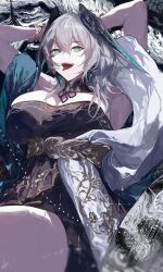 Rule 34 | 1girl, absurdres, ambience synesthesia, aqua eyes, arknights, armpits, arms up, bare shoulders, black dress, bracelet, breasts, cleavage, cowboy shot, dress, feathered wings, grey hair, hair between eyes, head wings, highres, ho&#039;olheyak (arknights), ho&#039;olheyak (carriage of the winds of time) (arknights), jewelry, large breasts, looking at viewer, medium hair, official alternate costume, open mouth, short hair, sidelocks, snake tail, solo, solomon (fate), strapless, strapless dress, tail, tongue, tongue out, wings, yuki flourish