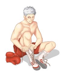 Rule 34 | 1boy, bandages, boots, boxing gloves, bruise, bruised eye, gloves, unworn gloves, grey hair, highres, injury, male focus, megami tensei, persona, persona 3, sanada akihiko, shadow, shin megami tensei, topless male, shoes, shorts, simple background, sitting, solo, toothyfangs, tying shoes