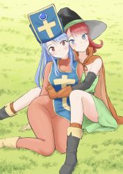 Rule 34 | 2girls, aqua hair, blue eyes, bodysuit, boots, breasts, cape, closed mouth, cross, dragon quest, dragon quest iii, dress, elbow gloves, feet out of frame, gloves, hat, highres, hug, kajino (aosansai), long hair, looking at viewer, mage (dq3), mitre, multiple girls, orange bodysuit, priest (dq3), short hair, skin tight, tabard, witch hat