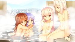 Rule 34 | 4girls, arched back, arms around neck, baba nobuharu, blush, breasts, brown eyes, brown hair, game cg, grin, light purple hair, long hair, multiple girls, navel, nipples, nude, onsen, open mouth, pink hair, purple eyes, purple hair, red eyes, sengoku hime, sengoku hime 6, small breasts, smile, soaking feet, steam, takeda nobukado, takeda shingen (sengoku hime), toratsuna haruhi, very long hair, wading, water, white hair, yangsion