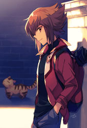Rule 34 | 1boy, against wall, bishounen, black shirt, blurry, blurry background, brown eyes, brown hair, closed mouth, dated, duel academy uniform (yu-gi-oh! gx), grey pants, hand in pocket, jacket, long hair, long sleeves, looking at viewer, male focus, mikami (mkm0v0), multicolored hair, open clothes, open jacket, pants, pharaoh (cat), profile, red jacket, shirt, smile, solo, standing, turtleneck, two-tone hair, yu-gi-oh!, yu-gi-oh! gx, yuki judai