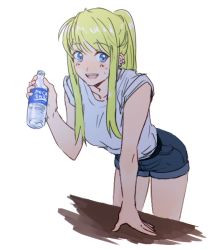 Rule 34 | 1girl, blonde hair, blue eyes, blush, bottle, earrings, fullmetal alchemist, hand on table, jewelry, long hair, looking away, open mouth, pocari sweat, ponytail, riru, shirt, shorts, simple background, sleeves rolled up, smile, solo, sweat, water bottle, white background, white shirt, winry rockbell