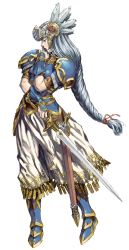 Rule 34 | 1girl, arm guards, armor, blue armor, boots, braid, breastplate, feathers, from side, full body, half-closed eyes, helmet, highres, holding, holding helmet, holding sword, holding weapon, lenneth valkyrie, long hair, low-braided long hair, low-tied long hair, official art, scabbard, sheath, shoulder pads, silver hair, single braid, skirt, solo, sword, tiara, unsheathed, valkyrie profile (series), very long hair, weapon, white background, white feathers, white skirt, yoshinari kou, yoshinari you