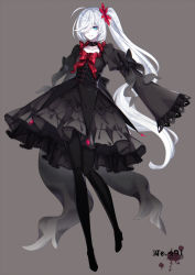 Rule 34 | 1girl, black dress, black pantyhose, bow, closed mouth, collarbone, creatures (company), darkrai, dress, flat chest, game freak, gen 4 pokemon, hair over one eye, highres, legendary pokemon, long hair, looking at viewer, merlusa, mythical pokemon, nervous, nintendo, pantyhose, personification, pokedex number, pokemon, red bow, side ponytail, silver hair, solo, very long hair