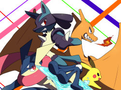 Rule 34 | angry, animal ears, black eyes, blue eyes, blush stickers, breath weapon, breathing fire, charizard, clenched teeth, creatures (company), dragon, fangs, fire, furry, game freak, gen 1 pokemon, gen 4 pokemon, gen 6 pokemon, greninja, half-closed eyes, hand up, holding, holding weapon, liquid weapon, long tongue, lucario, nintendo, no humans, open mouth, pikachu, pokemon, pokemon (creature), red eyes, scarf, sharp teeth, shiwo (siwosi), shuriken, smile, standing, super smash bros., teeth, tongue, tongue out, water, weapon, wings, wolf ears
