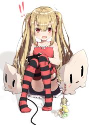 Rule 34 | !, !!, 1girl, absurdres, blonde hair, camisole, controller, game controller, highres, knees up, light bulb, long hair, open mouth, original, panties, panty peek, paryi, pillow, playing games, red camisole, red eyes, ribbon, sitting, skirt, solo, striped clothes, striped thighhighs, thigh strap, thighhighs, twintails, underwear