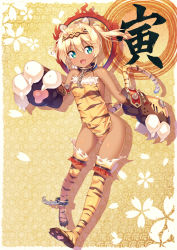 Rule 34 | 1girl, animal ears, animal hands, animal print, ankle cuffs, black gloves, blonde hair, blue eyes, breasts, chain, chinese zodiac, collar, dark-skinned female, dark skin, fake horns, fang, full body, gloves, hairband, highres, horns, kazuma (kazumav), legs, long hair, no panties, open mouth, original, paw gloves, sideboob, skin fang, small breasts, smile, solo, tabard, tail, thighhighs, thighs, tiger ears, tiger print, tiger tail, twintails