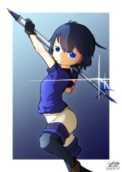 Rule 34 | 1girl, alternate color, alternate eye color, artist name, bad id, bad pixiv id, black gloves, black pantyhose, blue eyes, blue hair, blue shirt, brown footwear, commentary request, dated, eyes visible through hair, foot out of frame, glint, gloves, hair between eyes, halberd, kaban (kemono friends), kemono friends, pantyhose under shorts, looking at viewer, no headwear, pantyhose, polearm, sateraito1024, serious, shirt, shoes, short hair, short sleeves, shorts, signature, simple background, solo, swinging, weapon, white shorts