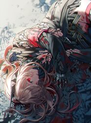 Rule 34 | 1girl, armband, black jacket, blonde hair, blood, blood on clothes, blood on face, blood splatter, debris, girls&#039; frontline, hairband, headgear, jacket, long hair, long sleeves, looking at viewer, lying, m4 sopmod ii (girls&#039; frontline), on side, prosthesis, prosthetic arm, red eyes, rubble, silence girl, solo, torn clothes