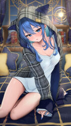 Rule 34 | 1girl, alternate costume, animal hood, blue eyes, blue hair, blue nails, blush, bottomless, bowsan, breasts, cleavage, hair between eyes, highres, hololive, hood, hoshimachi suisei, long hair, long sleeves, on bed, open mouth, plaid, shirt, sleeves past wrists, small breasts, solo, star (symbol), star in eye, symbol in eye, virtual youtuber, white shirt
