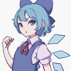 Rule 34 | 1girl, absurdres, blue dress, blue eyes, blue hair, cirno, collared shirt, dress, highres, ice, ice wings, kame (kamepan44231), one-hour drawing challenge, puffy short sleeves, puffy sleeves, red neckwear, shirt, short hair, short sleeves, simple background, touhou, white background, white shirt, wings