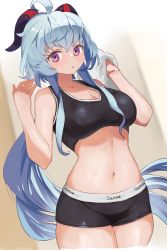 Rule 34 | 1girl, ahoge, bare arms, bare shoulders, black shorts, blue hair, breasts, character name, cleavage, clothes writing, commentary request, cowboy shot, crop top, dougaku (passionpit777), ganyu (genshin impact), genshin impact, hair between eyes, hands up, highres, holding, holding towel, horns, large breasts, long hair, looking at viewer, midriff, navel, parted lips, purple eyes, short shorts, shorts, solo, sports bra, standing, stomach, thighs, towel, very long hair