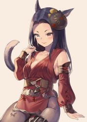 Rule 34 | 1girl, animal ears, bare shoulders, black hair, breasts, brown background, brown eyes, cat ears, cat girl, cat mask, cat tail, closed mouth, collarbone, commentary request, detached sleeves, dress, final fantasy, final fantasy xiv, grey pants, hand up, heterochromia, long hair, long sleeves, mask, mask on head, medium breasts, midorikawa you, miqo&#039;te, moogle, pants, pantyhose, parted bangs, puffy long sleeves, puffy sleeves, red dress, red eyes, red sleeves, simple background, sitting, sleeveless, sleeveless dress, sleeves past wrists, smile, solo, tail, tail raised