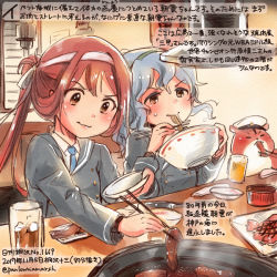 Rule 34 | 2girls, admiral (kancolle), alcohol, animal, asagumo (kancolle), beer, beer mug, blue neckwear, bowl, brown eyes, brown hair, chopsticks, colored pencil (medium), commentary request, cup, dated, eating, hamster, holding, holding bowl, holding chopsticks, kantai collection, kirisawa juuzou, long hair, long sleeves, mug, multiple girls, necktie, non-human admiral (kancolle), numbered, silver hair, traditional media, translation request, twitter username, yamagumo (kancolle)