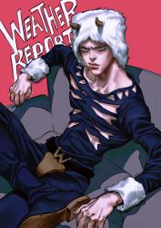 Rule 34 | 1boy, character name, collarbone, couch, crossed legs, horns, jojo no kimyou na bouken, male focus, neck, purple eyes, shin geum ha, sitting, solo, weather report, white hair