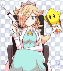 Rule 34 | 1girl, alternate costume, black sclera, blonde hair, blue dress, blue eyes, blush, breasts, chair, checkered background, closed mouth, coat, collarbone, colored sclera, crown, doctor, dr. mario (game), dr. mario world, dress, earrings, expressionless, eyelashes, hair over one eye, half-closed eye, hand up, highres, holding, holding syringe, jewelry, kurachi mizuki, lab coat, long dress, long hair, looking at viewer, luma (mario), mario (series), medium breasts, nintendo, office chair, on chair, outline, rosalina, sitting, star (symbol), star earrings, swivel chair, syringe, white coat, white outline