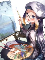 Rule 34 | 1girl, :d, absurdres, beret, black dress, blonde hair, blush, canvas (object), commentary, dress, easel, fang, feet out of frame, from side, glasses, gradient hair, grey nails, hat, highres, holding, holding paintbrush, holding palette, hololive, hololive english, kito koruta, long hair, long sleeves, looking at viewer, multicolored hair, nail polish, ninomae ina&#039;nis, ninomae ina&#039;nis (casual), open mouth, paint, paintbrush, painting (action), palette (object), pinstripe pattern, pinstripe shirt, pointy ears, purple eyes, purple hair, purple hat, shirt, signature, simple background, sitting, skin fang, sleeveless, sleeveless dress, smile, solo, striped, very long hair, virtual youtuber, white background