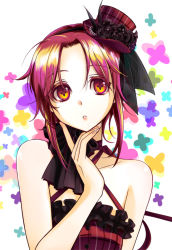 Rule 34 | + +, 1girl, bare shoulders, bow, dress, gothic lolita, gradient hair, hand on own chin, hat, lolita fashion, mini hat, mini top hat, multicolored eyes, multicolored hair, mytyl, original, parted lips, pink hair, red hair, solo, symbol-shaped pupils, top hat, upper body, yellow eyes