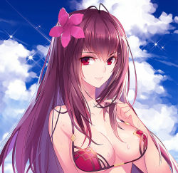 Rule 34 | 1girl, antenna hair, areola slip, bare arms, bare shoulders, bikini, blue sky, breasts, cleavage, closed mouth, cloud, cloudy sky, commentary request, day, fate/grand order, fate (series), flower, gekka nanako, hair between eyes, hair flower, hair ornament, twirling hair, halterneck, hand up, hibiscus, highres, large breasts, long hair, looking at viewer, outdoors, pink flower, purple bikini, purple hair, red eyes, revision, scathach (fate), scathach (fate/grand order), scathach (swimsuit assassin) (fate), sky, smile, solo, sparkle, strap gap, sweat, swimsuit, underboob, upper body