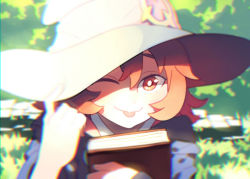 Rule 34 | 10s, 1girl, ;p, adjusting clothes, adjusting headwear, blurry, book, chromatic aberration, hat, holding, holding book, little witch academia, luo., one eye closed, orange hair, outdoors, red eyes, shiny chariot, short hair, smile, solo, tongue, tongue out, upper body, white hat, witch, witch hat