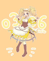 Rule 34 | 1girl, :d, apron, blonde hair, blue eyes, boots, brown footwear, corset, dated, dress, fire emblem, fire emblem awakening, full body, hair ornament, headdress, juliet sleeves, lissa (fire emblem), long sleeves, looking at viewer, miuta, nintendo, open mouth, puffy sleeves, smile, solo, twintails, underbust, white apron, yellow background, yellow dress