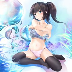 Rule 34 | 1girl, :o, bare arms, bare shoulders, black hair, black thighhighs, blue eyes, blush, bubble, character request, chemise, clothes lift, feet, looking at viewer, midriff, navel, no shoes, open mouth, original, panties, pink panties, ponytail, shirt lift, sitting, skindentation, solo, spread legs, thighhighs, underwear, undressing, wingheart